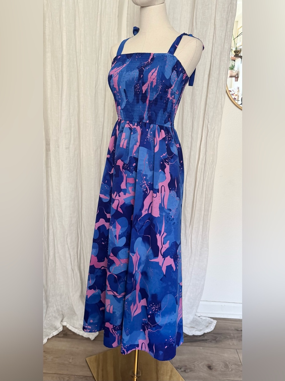 Women’s Blue & Pink Printed Maxi Dress with Smocked Bodice